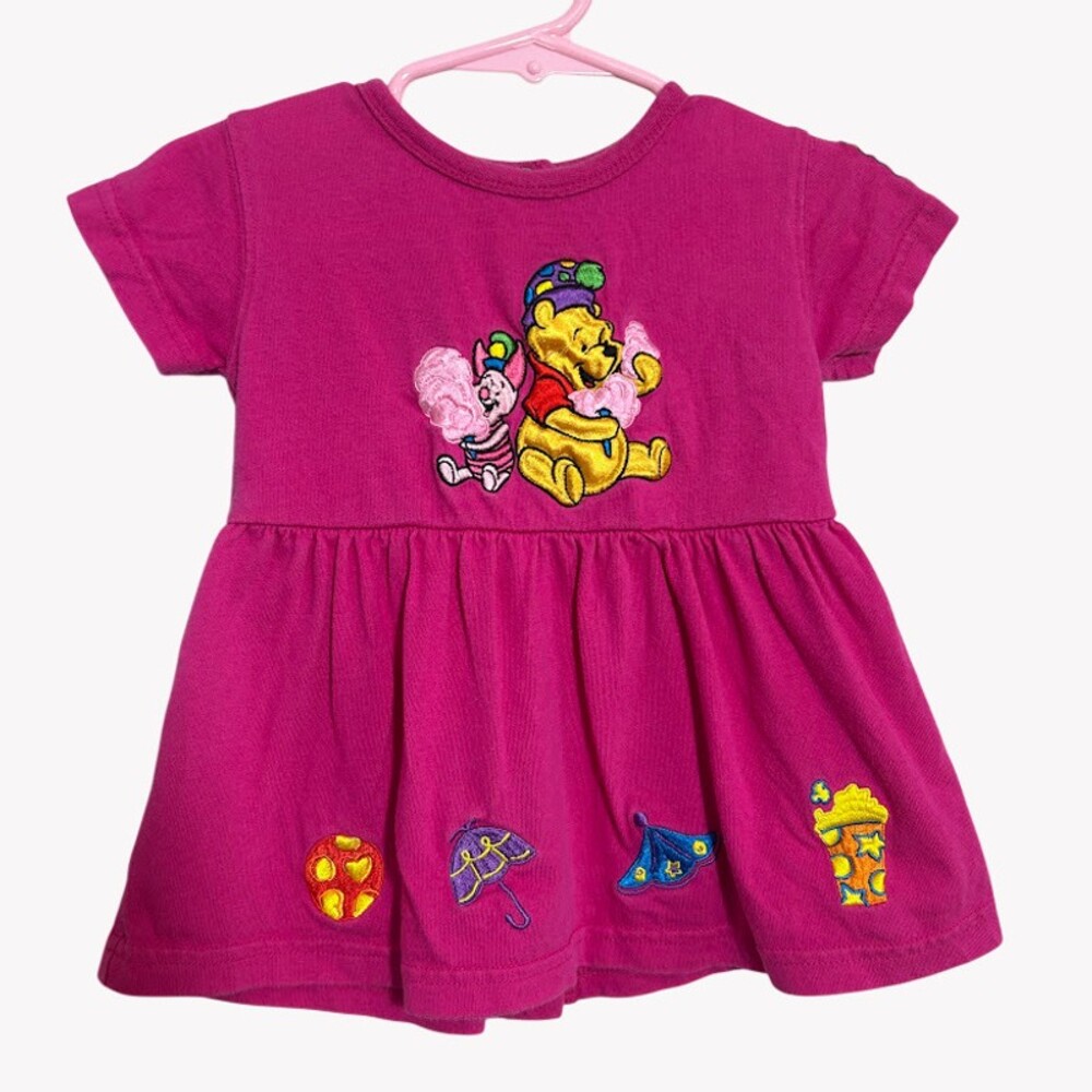 VTG WInnie The Pooh Baby Dress 6 Months Pink Embroidered Silly Circus Piglet 90s